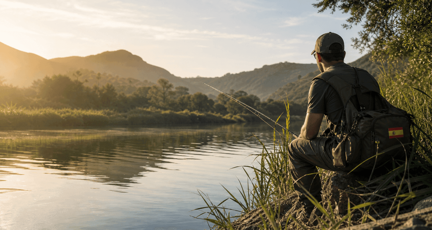 Pescador junto a un río de agua dulce en España